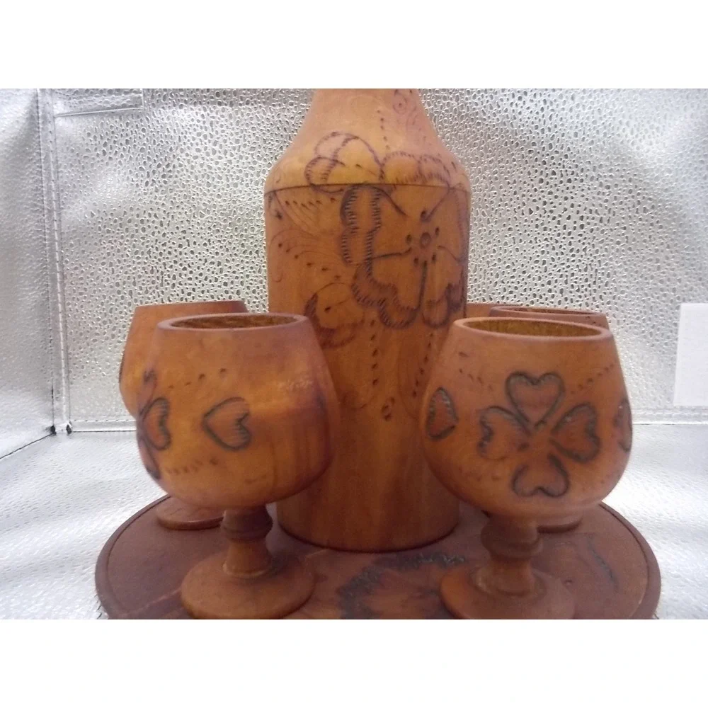 Vintage Hand Carved Wood Decanter Set 6 Cups Tray Floral Wood Burned Pyrography